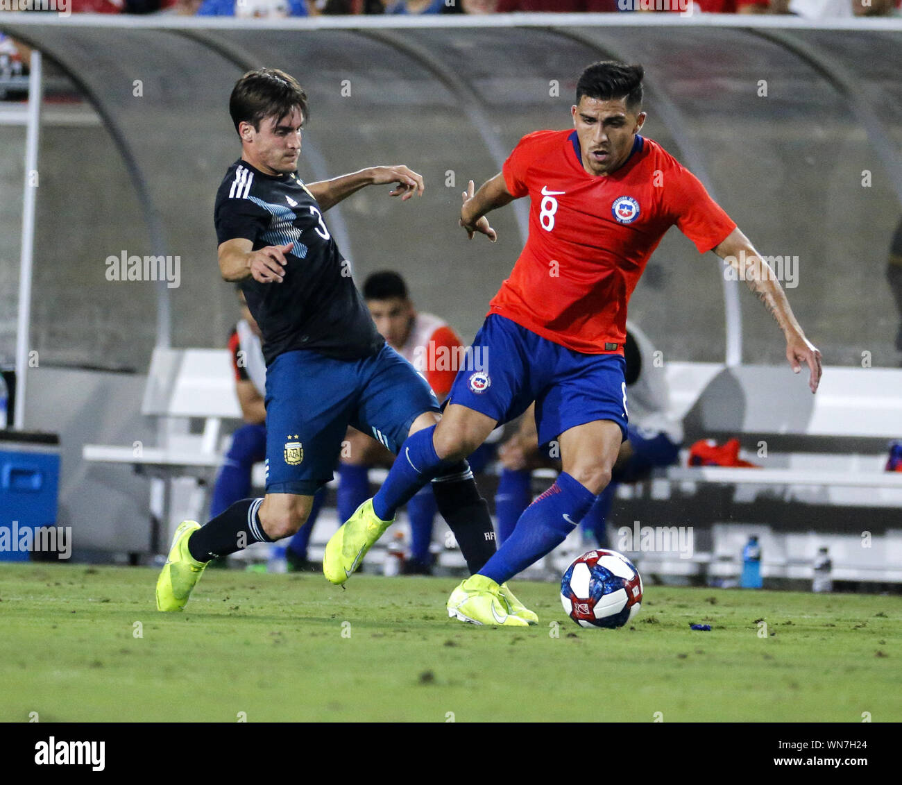 Los Angeles California Usa 5th Sep 2019 Chile Midfielder Cesar Pinares 8 And Argentina Defender Nicolas Tagliafico 3 Vie For The Ball During An International Friendly Soccer Match Between Argentina And Chile