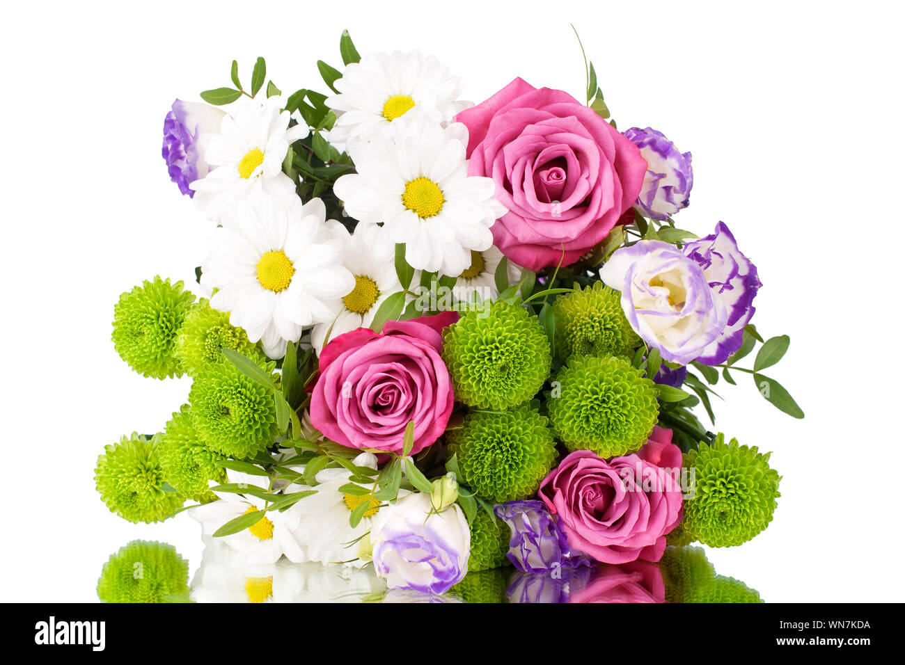 Bouquet of pink roses flowers, white daisies, chrysanthemums, green leaves, white background isolated close up, greeting card, banner, copy space Stock Photo