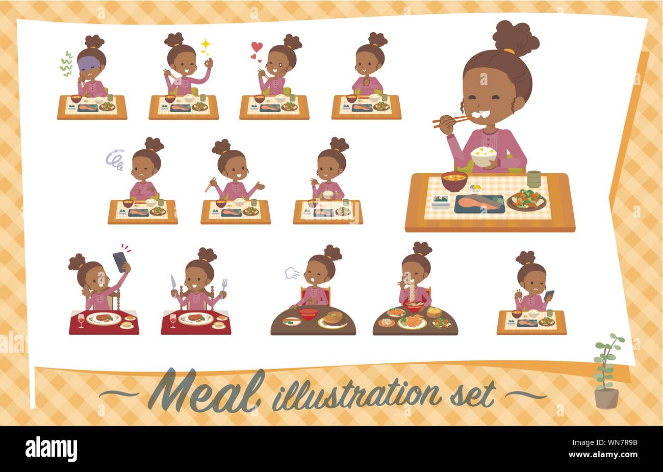 A set of girl about meals.Japanese and Chinese cuisine, Western style dishes and so on.It's vector art so it's easy to edit. Stock Vector