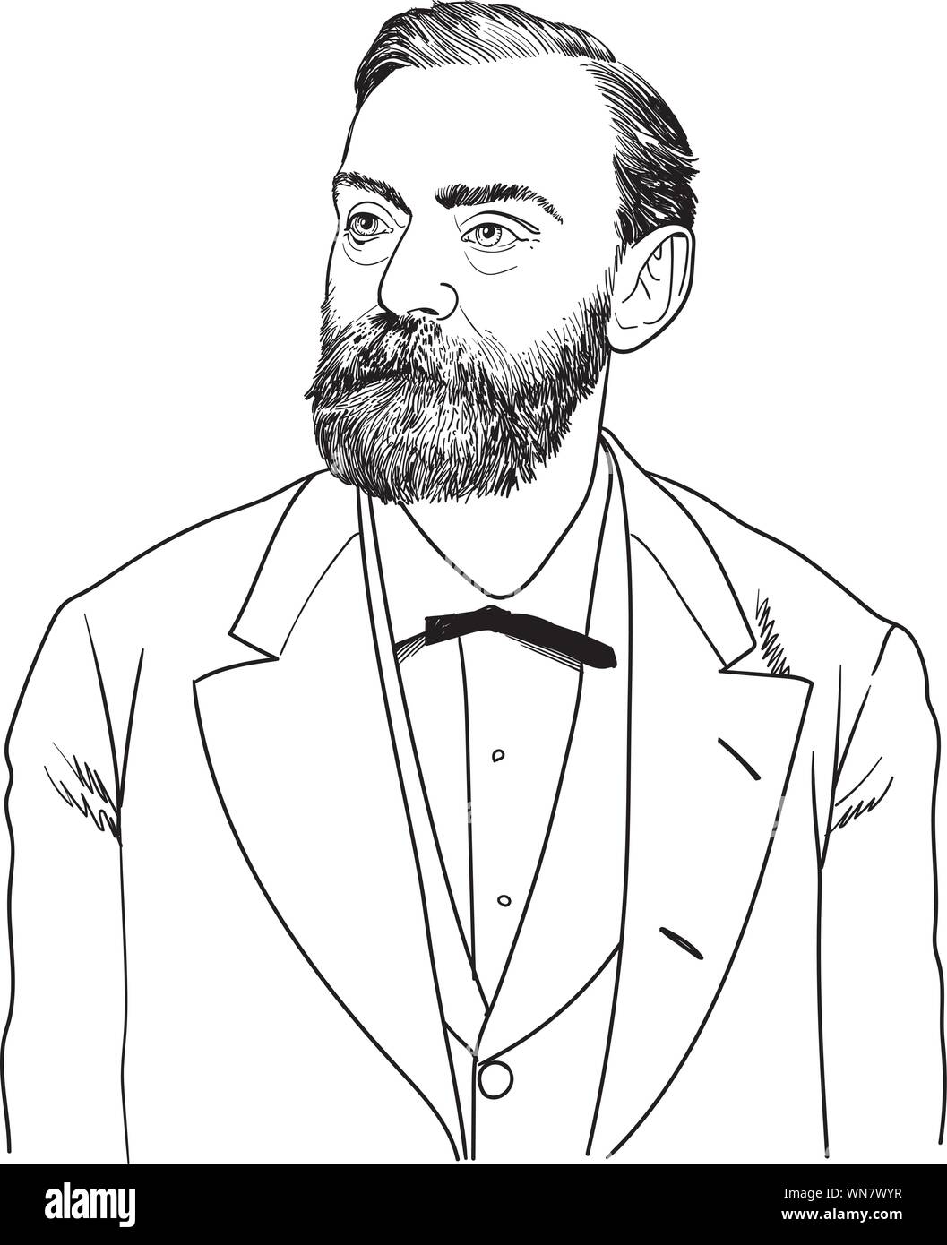 Alfred Bernhard Nobel line art portrait. He was a Swedish businessman, chemist, engineer, inventor, and philanthropist. Stock Vector