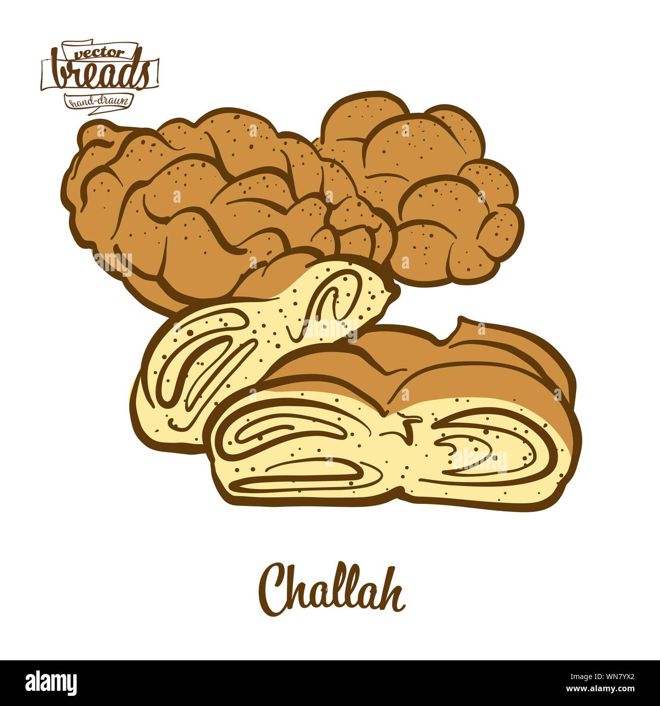 Colored drawing of Challah bread. Vector illustration of Leavened food, usually known in Poland and Israel. Colored Bread sketches. Stock Vector
