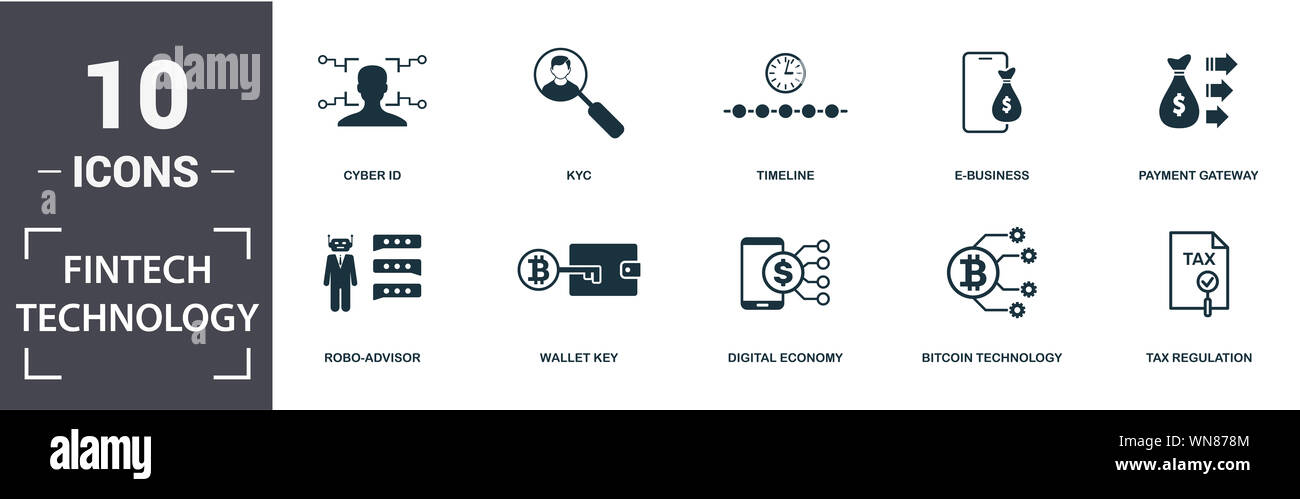 Fintech Technology icon set. Contain filled flat robo-advisor, tax regulation, kyc, payment gateway, digital economy, e-business icons. Editable Stock Photo