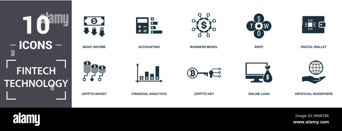 Fintech Technology icon set. Contain filled flat basic income, financial analytics, online loan, artificial noosphere, business model, swot, crypto Stock Photo