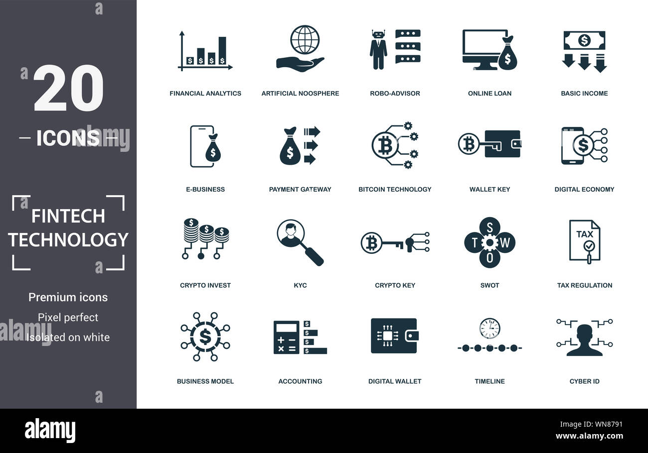Fintech Technology icon set. Contain filled flat basic income, bitcoin technology, tax regulation, artificial noosphere, kyc, business model Stock Photo