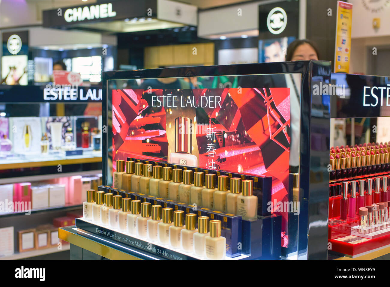 DUBAI, UAE CIRCA JANUARY, 2019 Estee Lauder makeup products on
