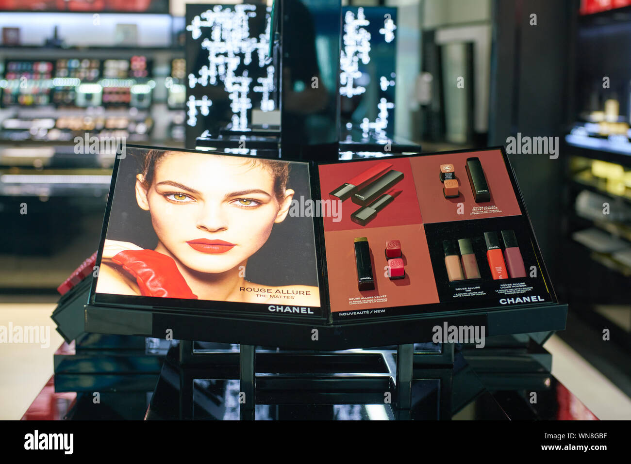 DUBAI, UAE CIRCA JANUARY, 2019 Chanel makeup products on display at