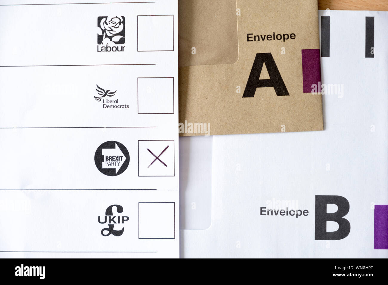 Voting papers for European elections 2019. ross for the Brexit Party. Return envelopes A & B. Stock Photo