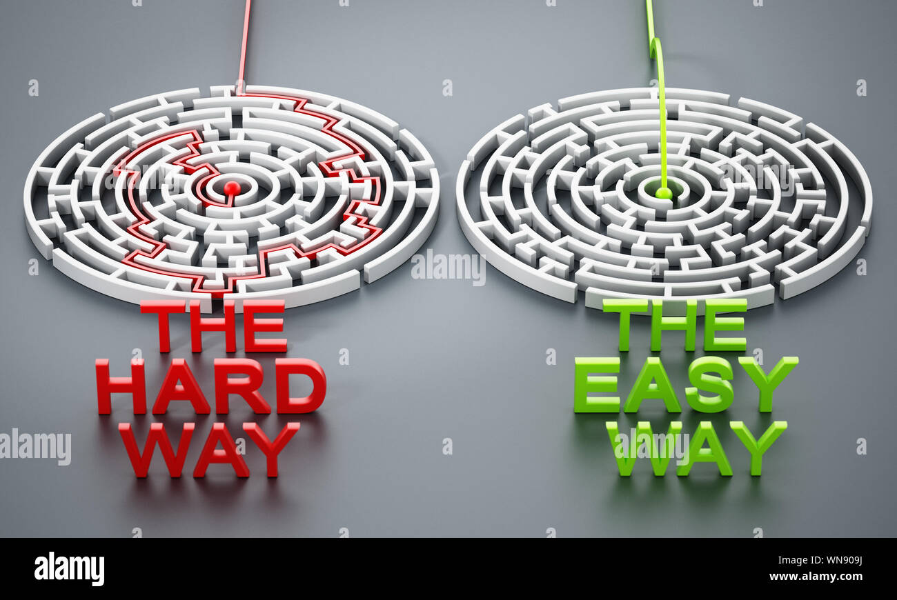 The hard way and the easy way texts in front of round mazes. 3D illustration. Stock Photo