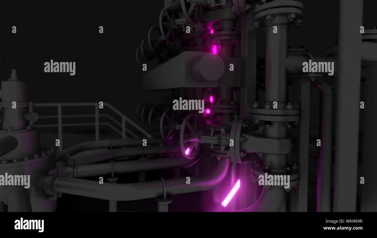 Abstract Industrial Equipment with Neon Lights. Ultraviolet light. 3D