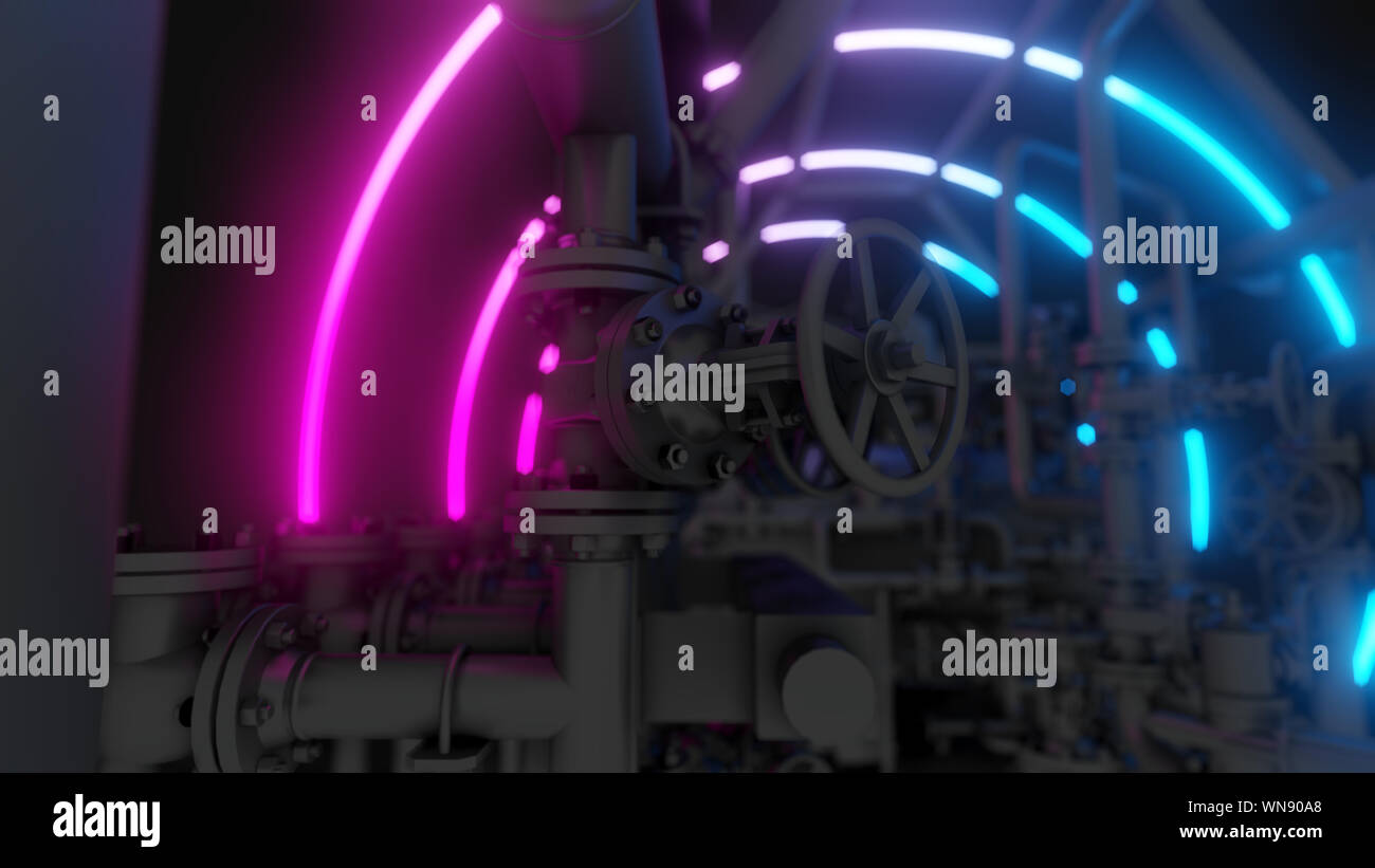 Abstract Industrial Equipment with Neon Lights. Ultraviolet light. 3D