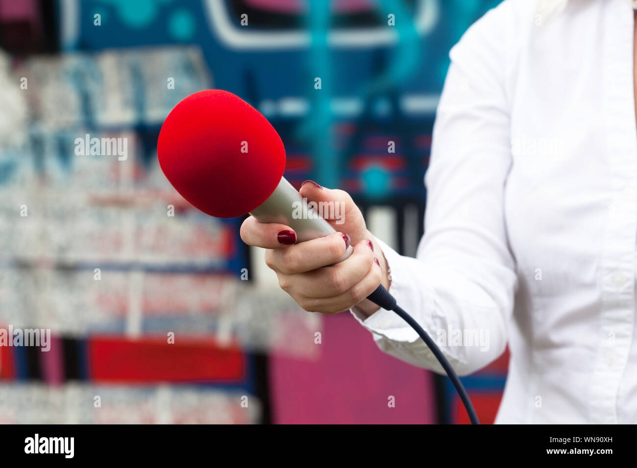 Journalist Holding Microphone For Conducting Interview Stock Photo