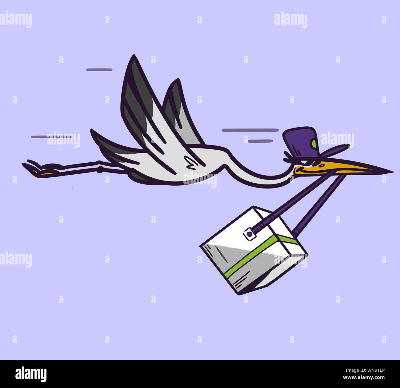 season special delivery of goods from stork in a bag., illustration Stock Photo