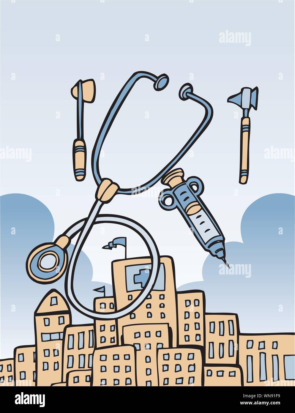 Medical tools and building Stock Vector