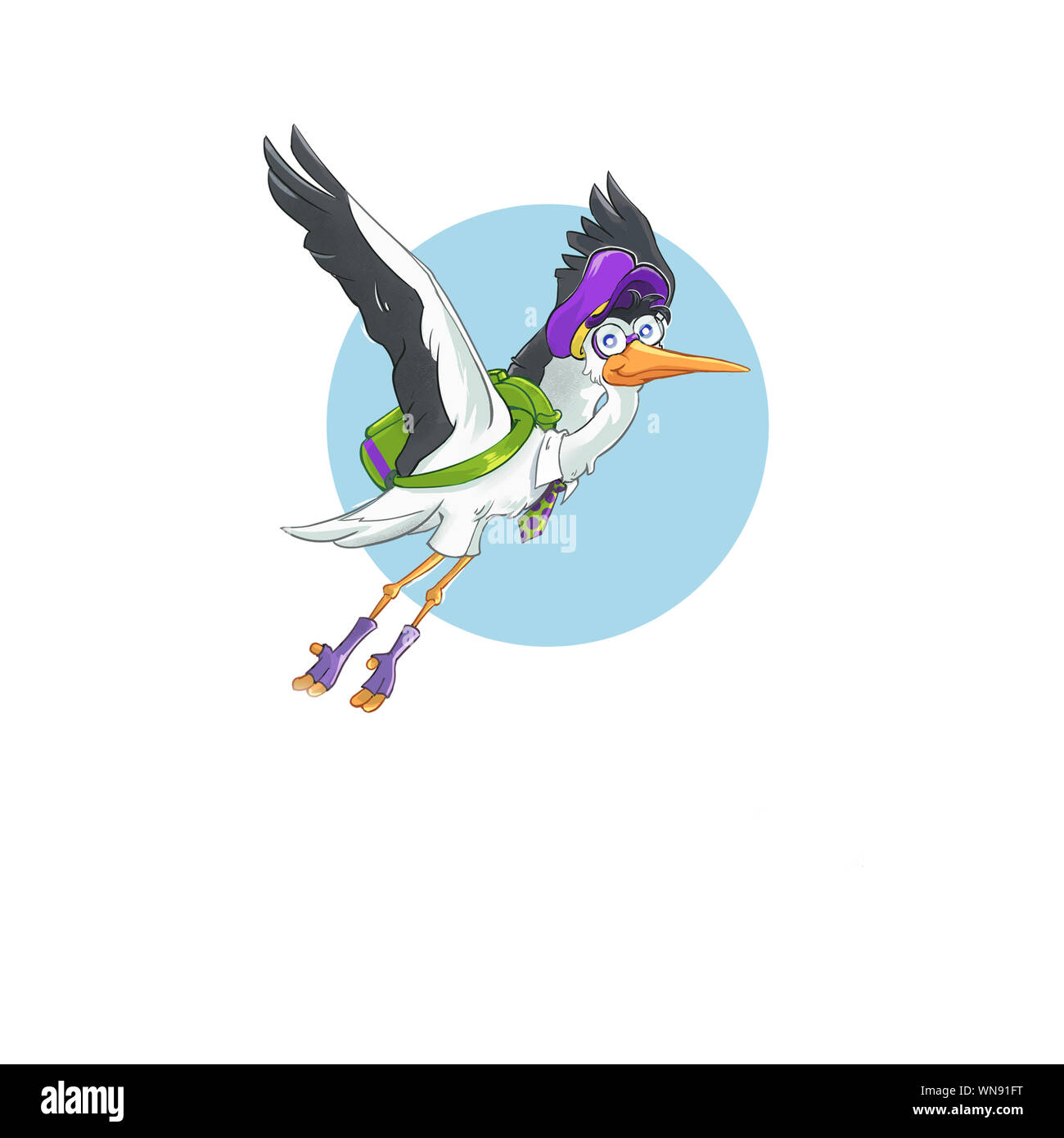 flying stork mascot with green school bag or backpack in sky Stock Photo