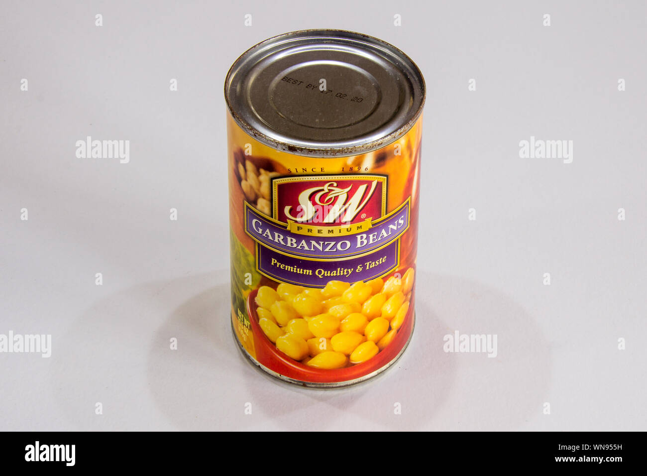 Phuket, Thailand - August 1st 2019: Tin of S & W premium garbanzo beans. They are also known as chick peas and are full of protein. Stock Photo
