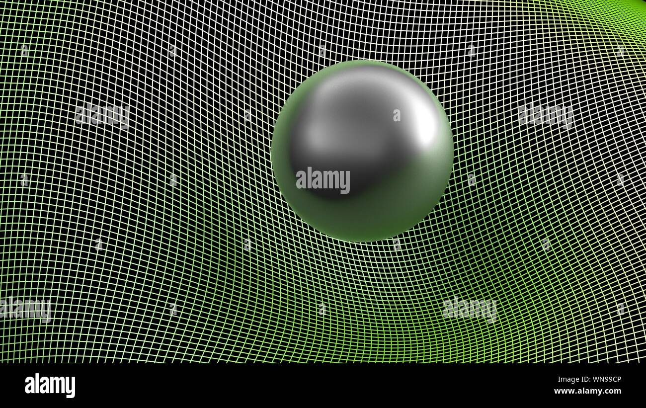 Abstract black glossy sphere over a green curved grid surface - 3D rendering illustration Stock Photo
