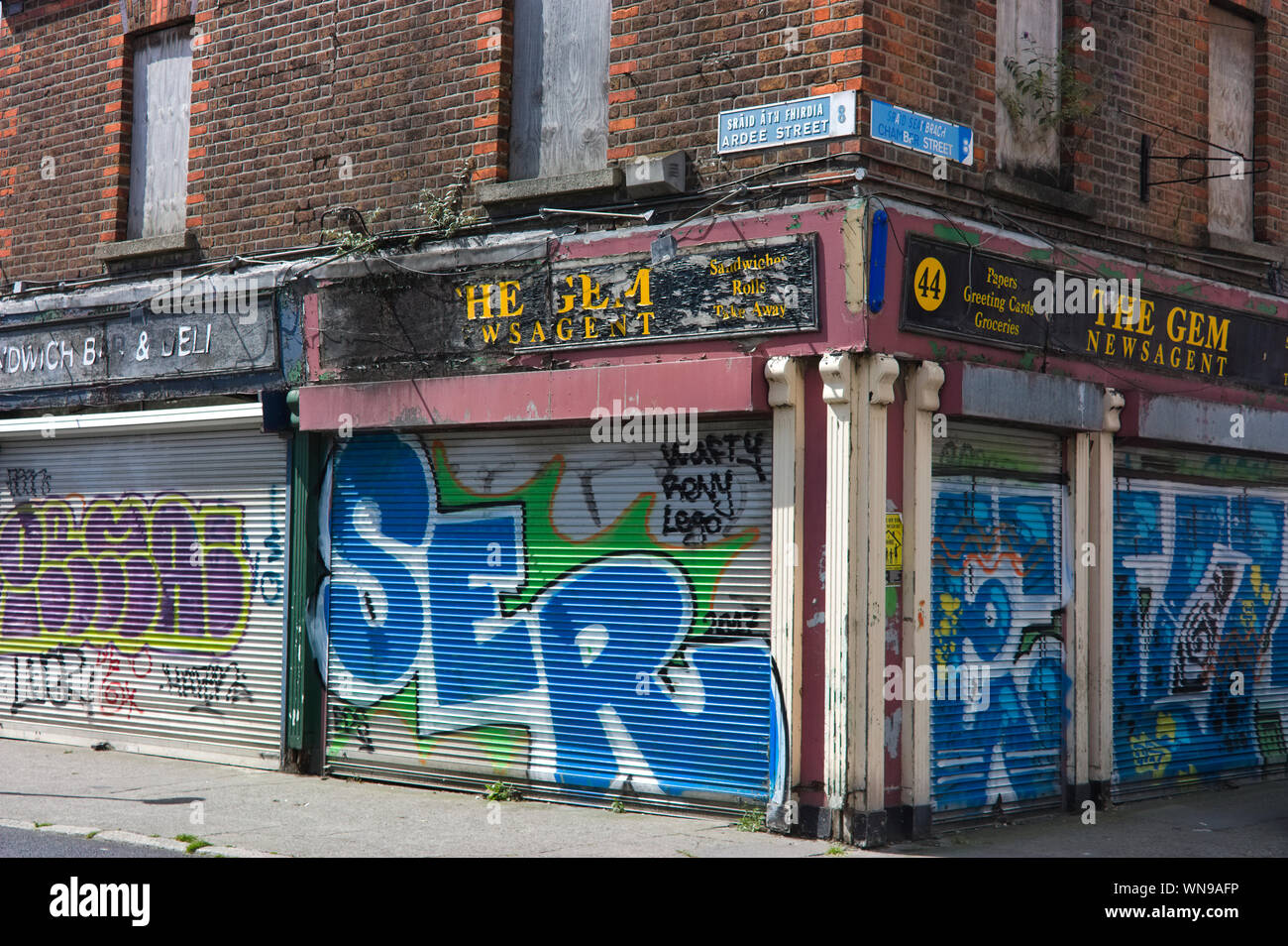 Derelict shop fronts at Ardee St in The Liberties area of Dublin, Ireland Stock Photo