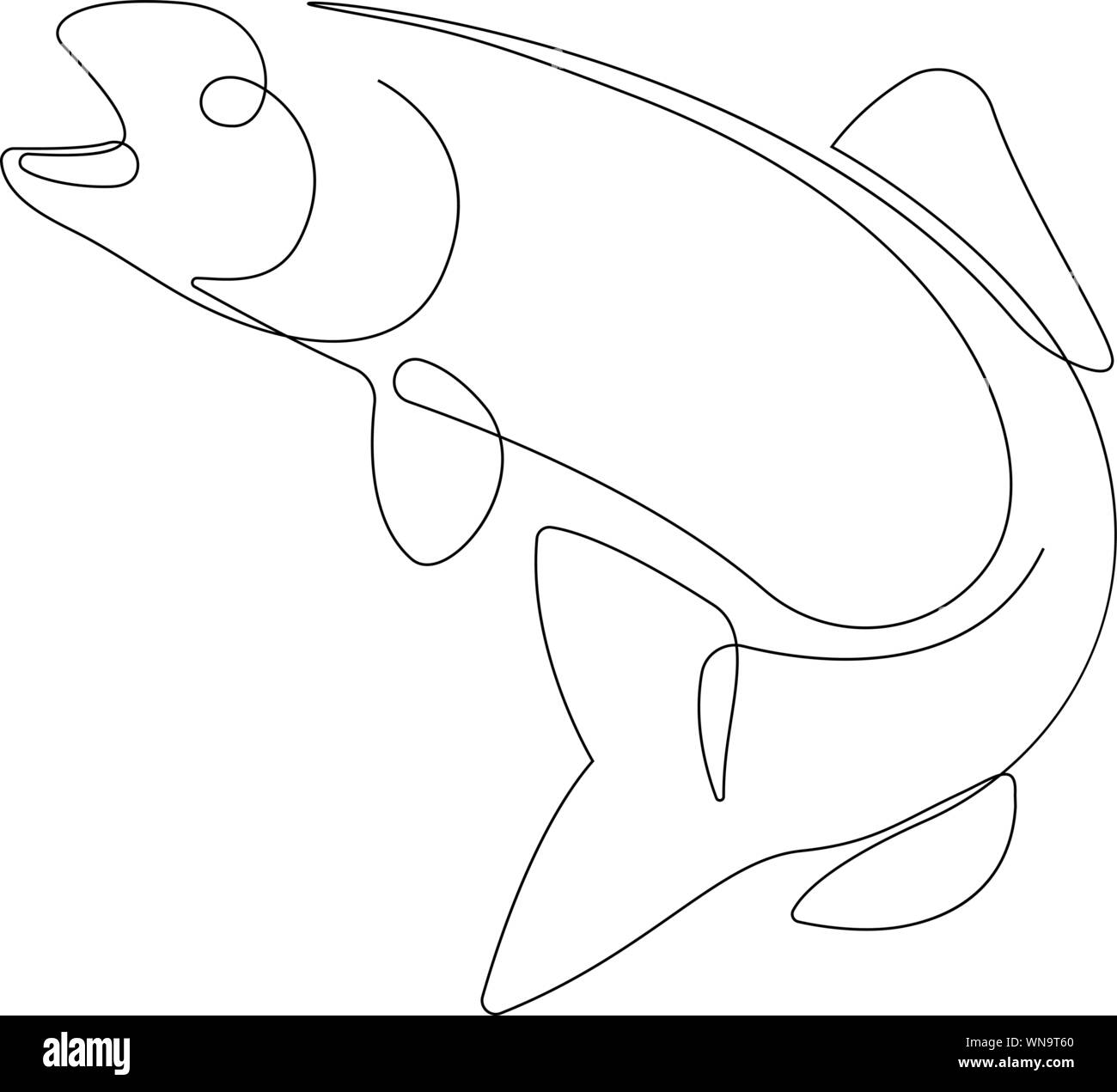 One single line drawing of big salmon or trout for logo identity