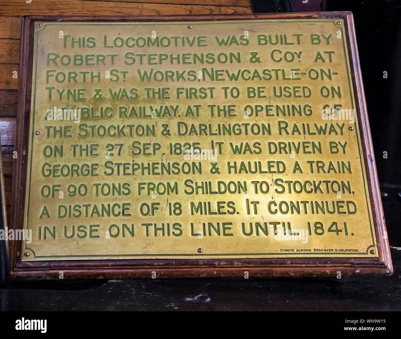 A plaque commemorating the Locomotion railway engine at the Head of Steam museum in Darlington,England,UK Stock Photo
