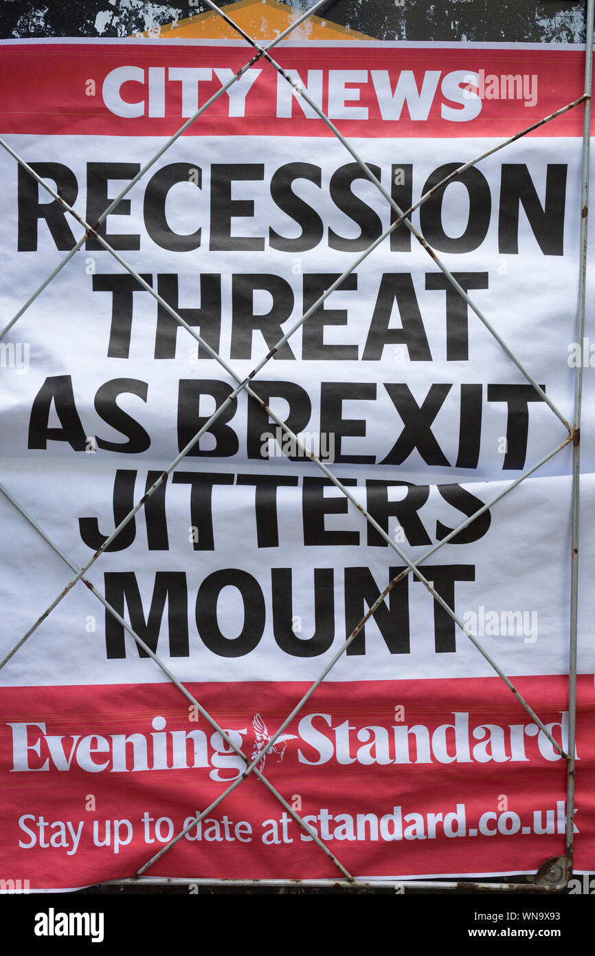Detail of an old Evening Standard newspaper headline for Friday 30th August, speaking of economic uncertainty and the treat of recession over a possible No-deal Brexit between British Prime Minister Boris Johnson's government and the European Union, in the City of London, (aka The Square Mile) the capital's financial district, on Monday 2nd September 2019, in London, England. Stock Photo