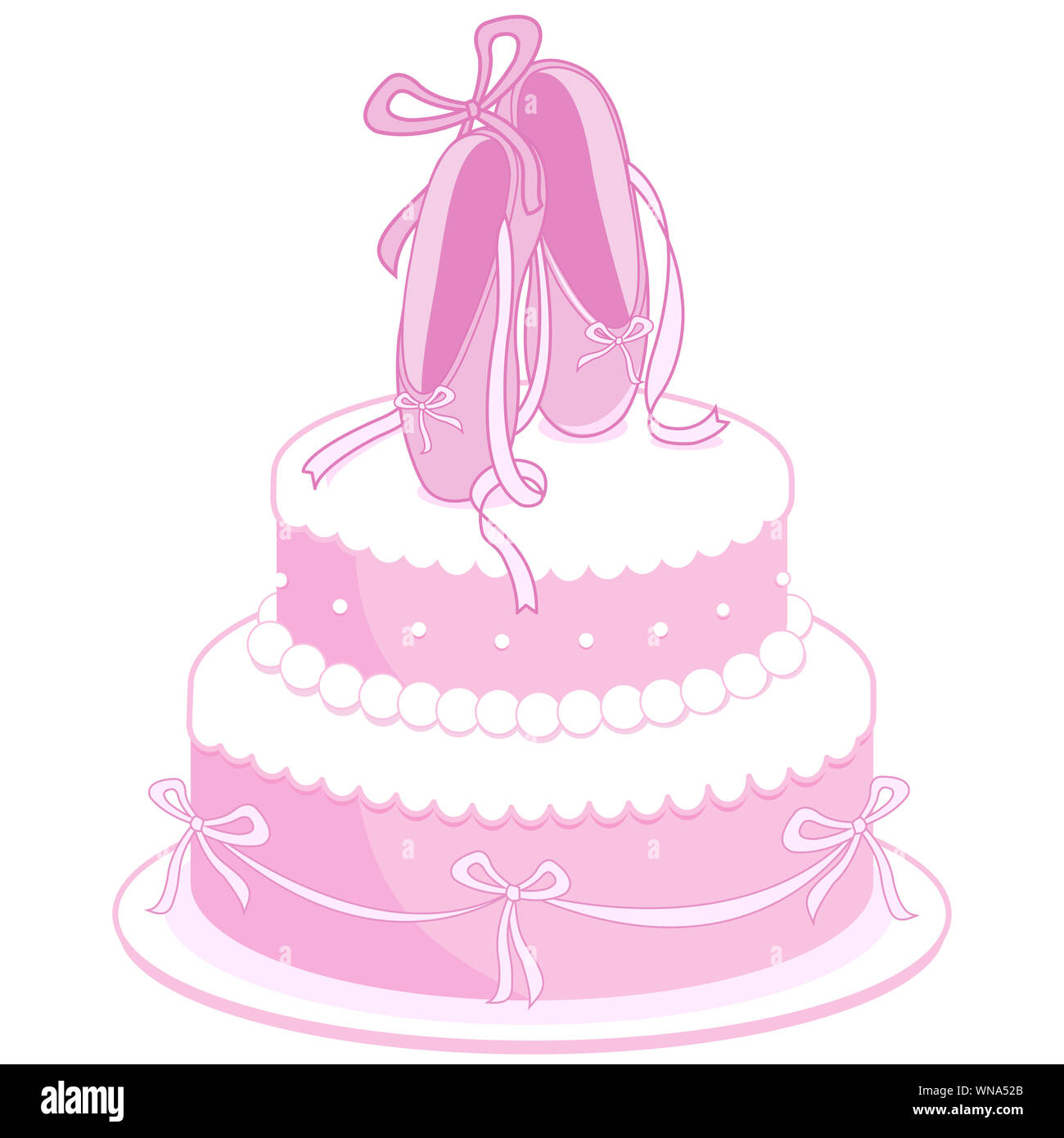 Illustration of a girl’s birthday cake decorated with ballet shoes, pearls and ribbons. Stock Photo