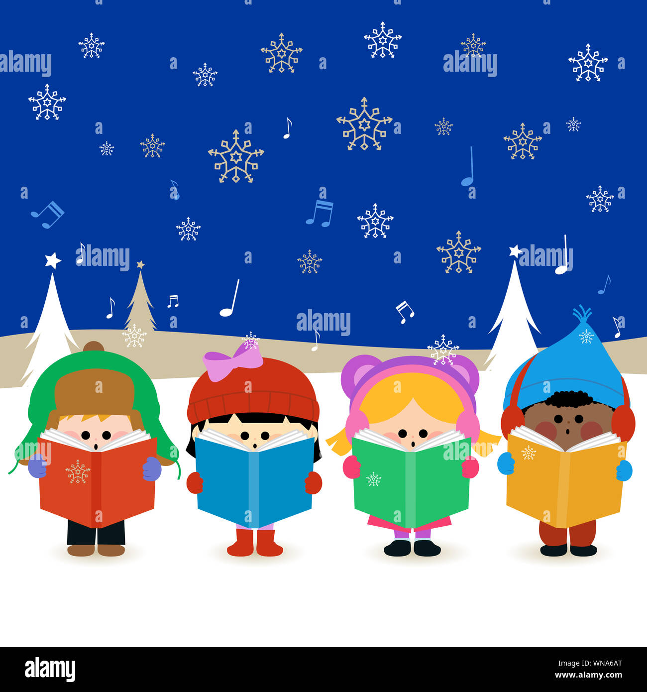 Boys and girls singing Christmas carols at Christmas Eve night outside in the snow. Stock Photo