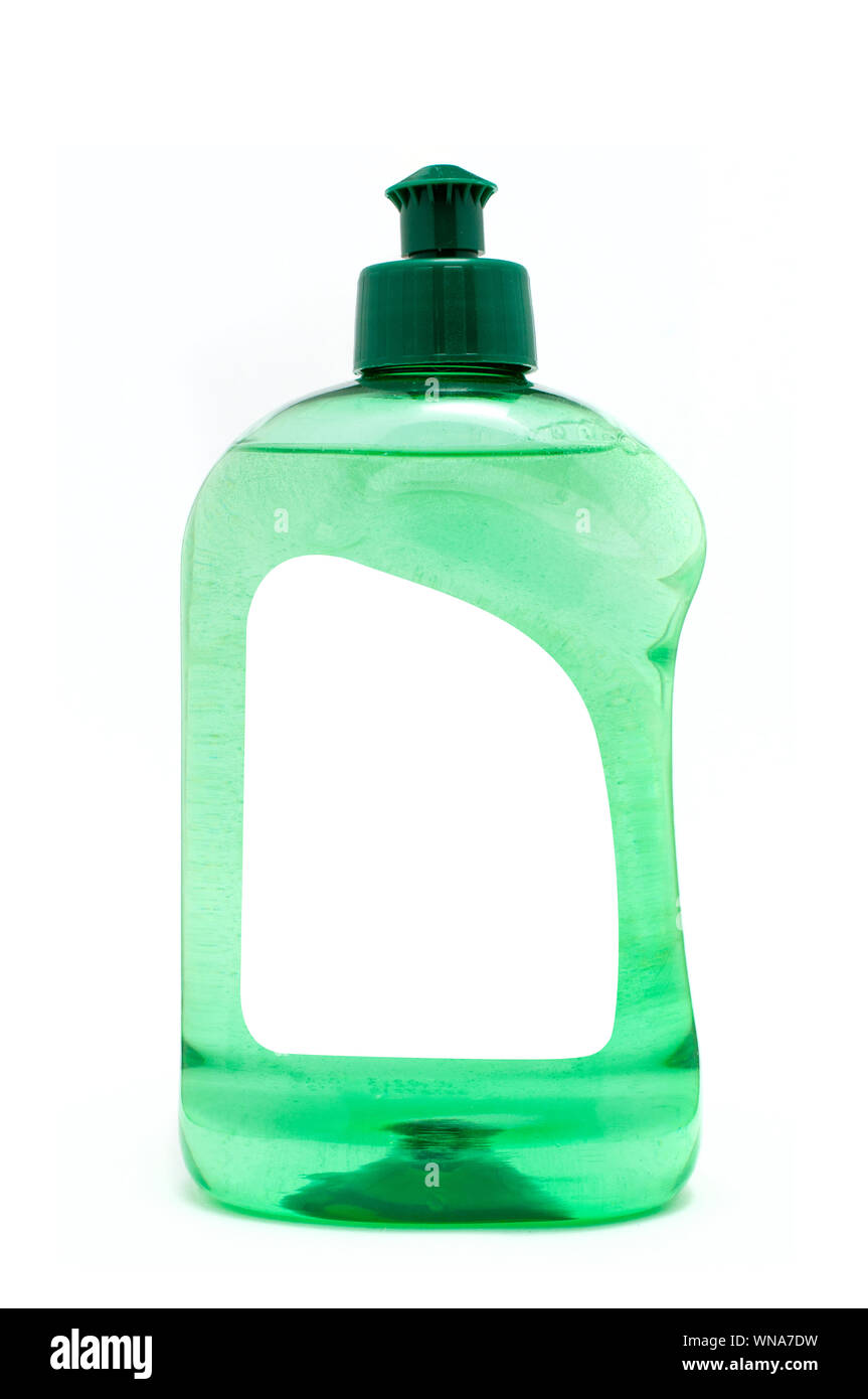 Green dish soap bottle with blank label isolated on white background