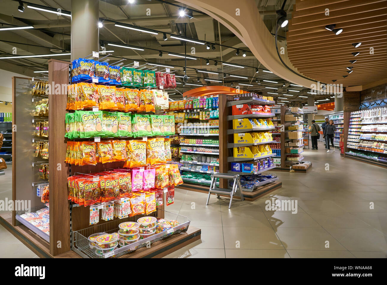 ZURICH, SWITZERLAND - CIRCA OCTOBER, 2018: interior shot of Migros supermarket in Zurich International Airport. Migros is Switzerland's largest retail Stock Photo