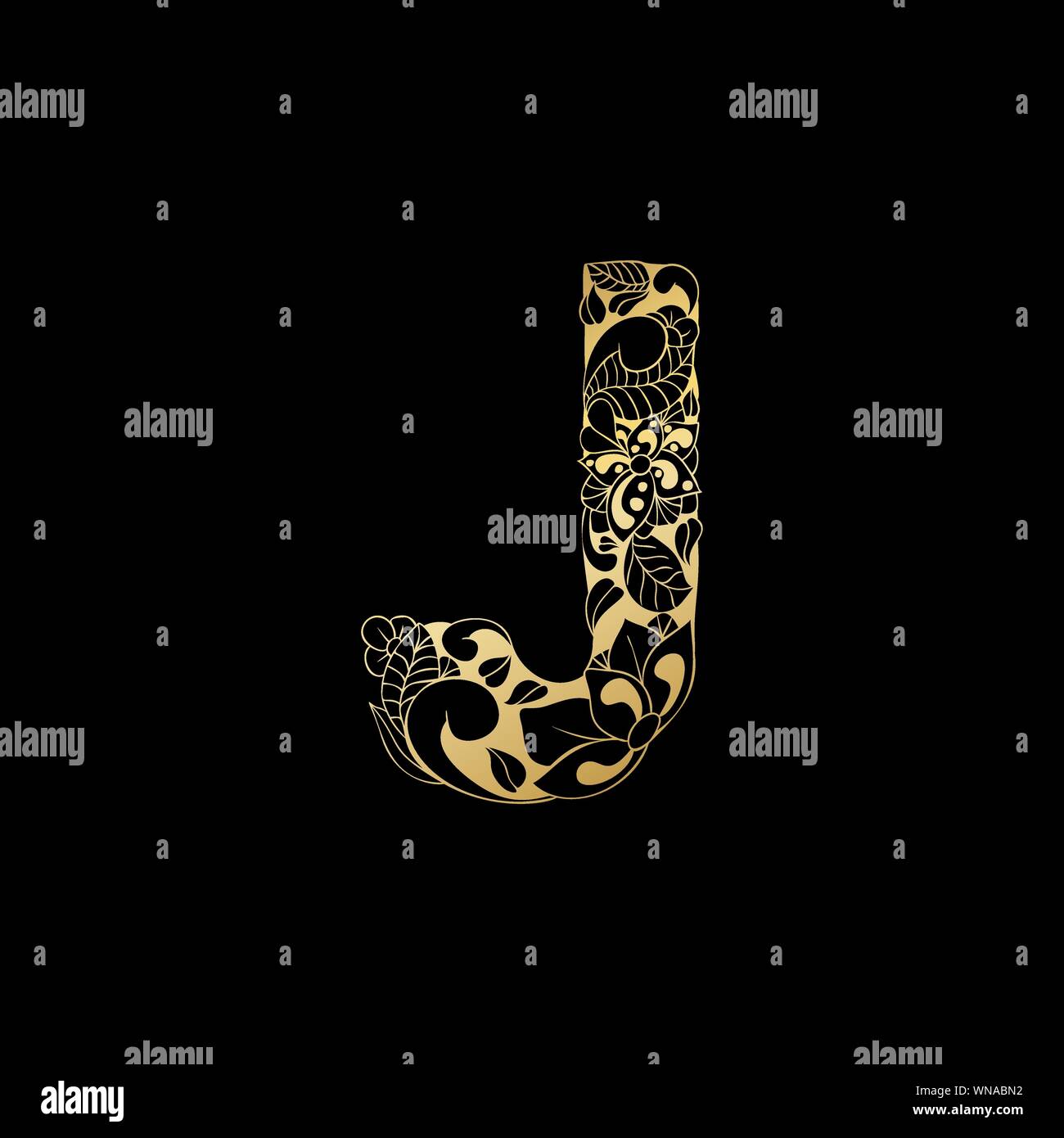 Golden Floral Ornamental Alphabet, Initial Letter J Font. Vector Typography Symbol for Gold Wedding and Monograms Isolated Ornament Design on Black Background Stock Vector