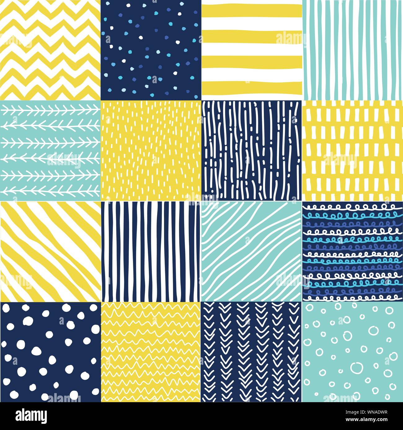Seamless pattern in doodle style. Hand drawn blue and yellow color pattern set Stock Vector