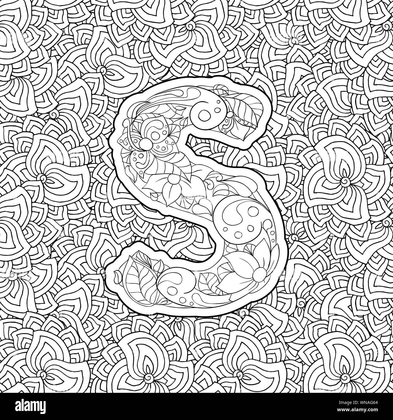 Coloring Book Floral Ornamental Alphabet, Initial Letter S Font. Vector Typography Symbol. Antistress Page for Adults and Monograms Isolated Ornament Design on Patterned Background Stock Vector