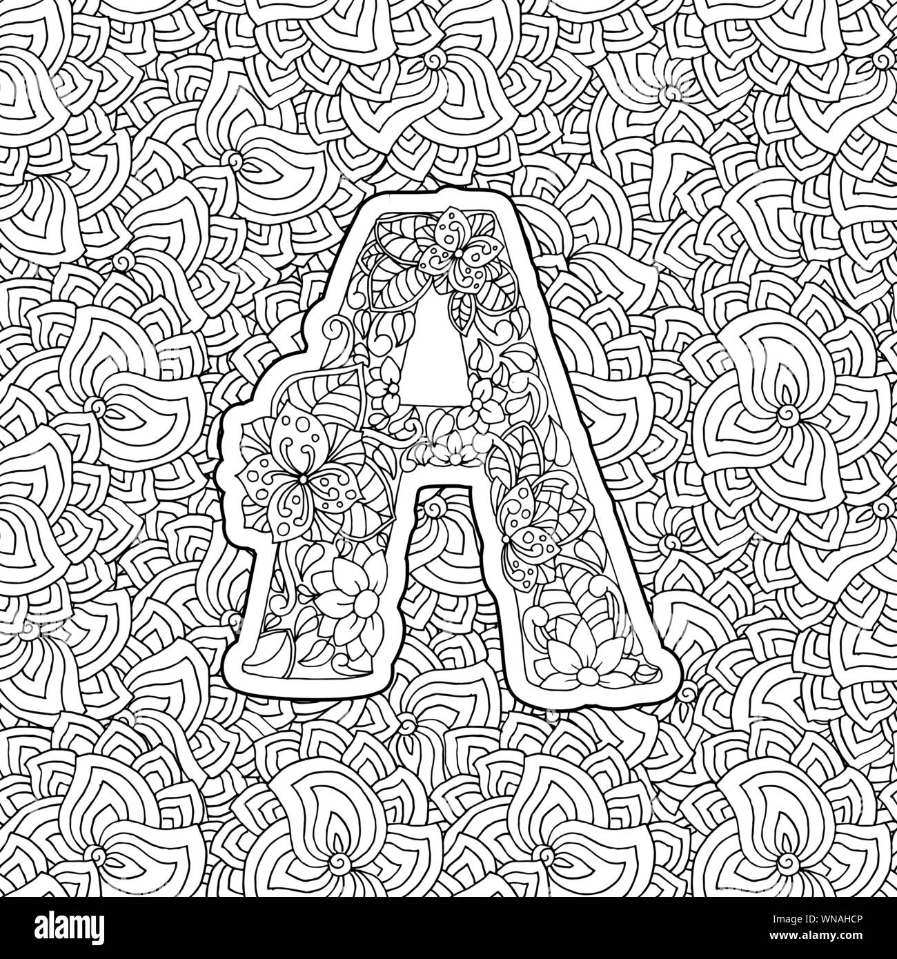 Coloring Book Floral Ornamental Alphabet Initial Letter A Font Vector Typography Symbol Antistress Page For Adults And Monograms Isolated Ornament Design On Patterned Background Stock Vector Image Art Alamy