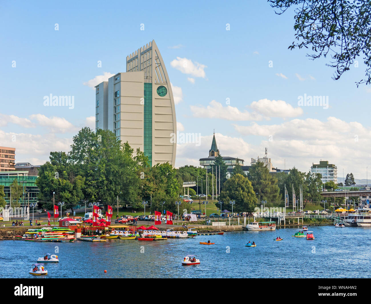 Waterfront of Valdivia in Southern Chile. Waterfront of Valdivia along the Calle-Calle River in the Lake District of southern Chile Stock Photo