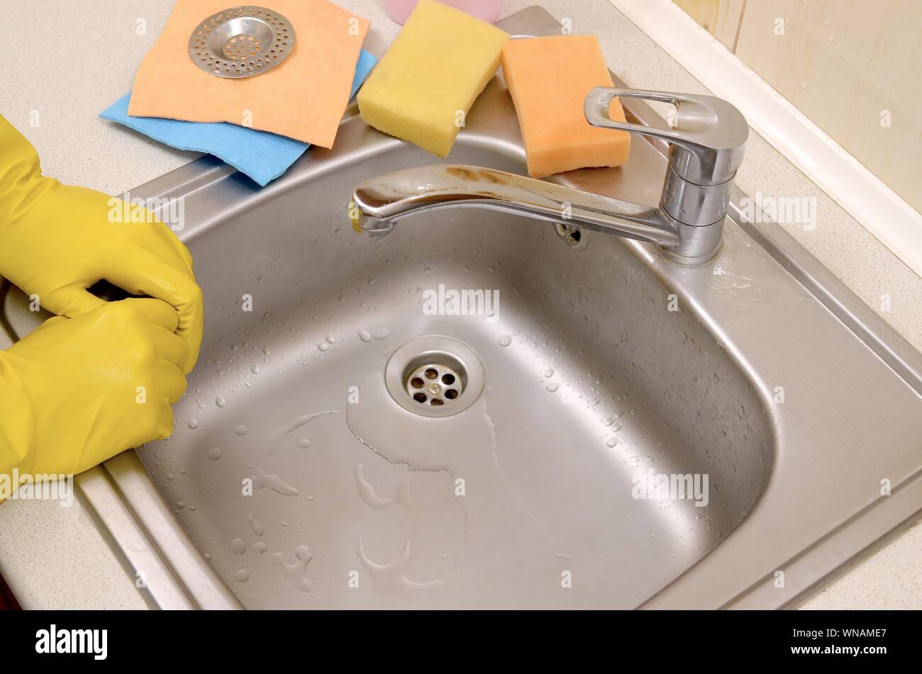 Workers hands in gloves next to a perfectly clean kitchen sink