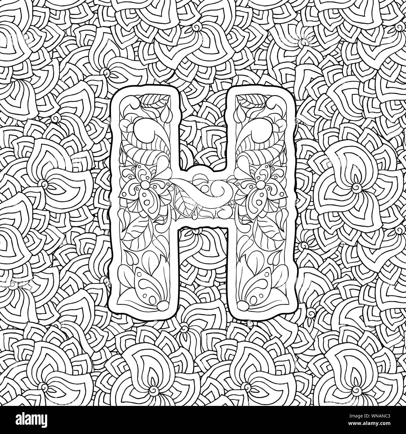 Coloring Book Floral Ornamental Alphabet, Initial Letter H Font. Vector Typography Symbol. Antistress Page for Adults and Monograms Isolated Ornament Design on Patterned Background Stock Vector