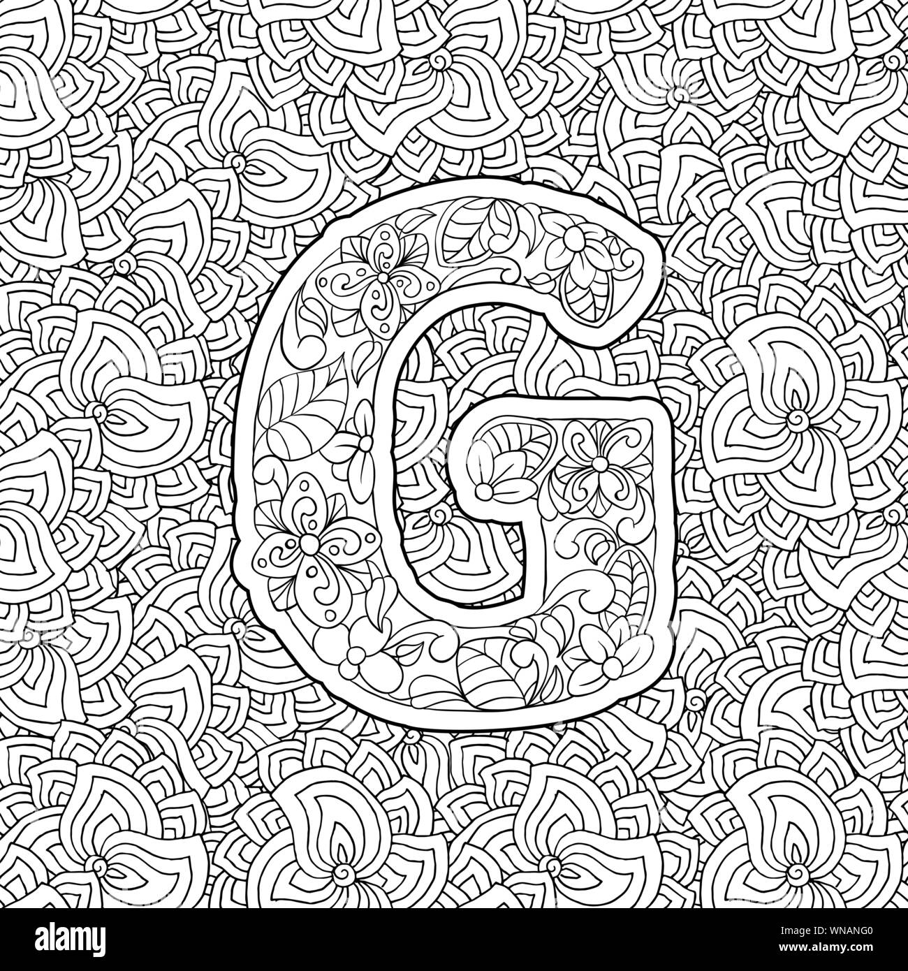 Coloring Book Floral Ornamental Alphabet Initial Letter G