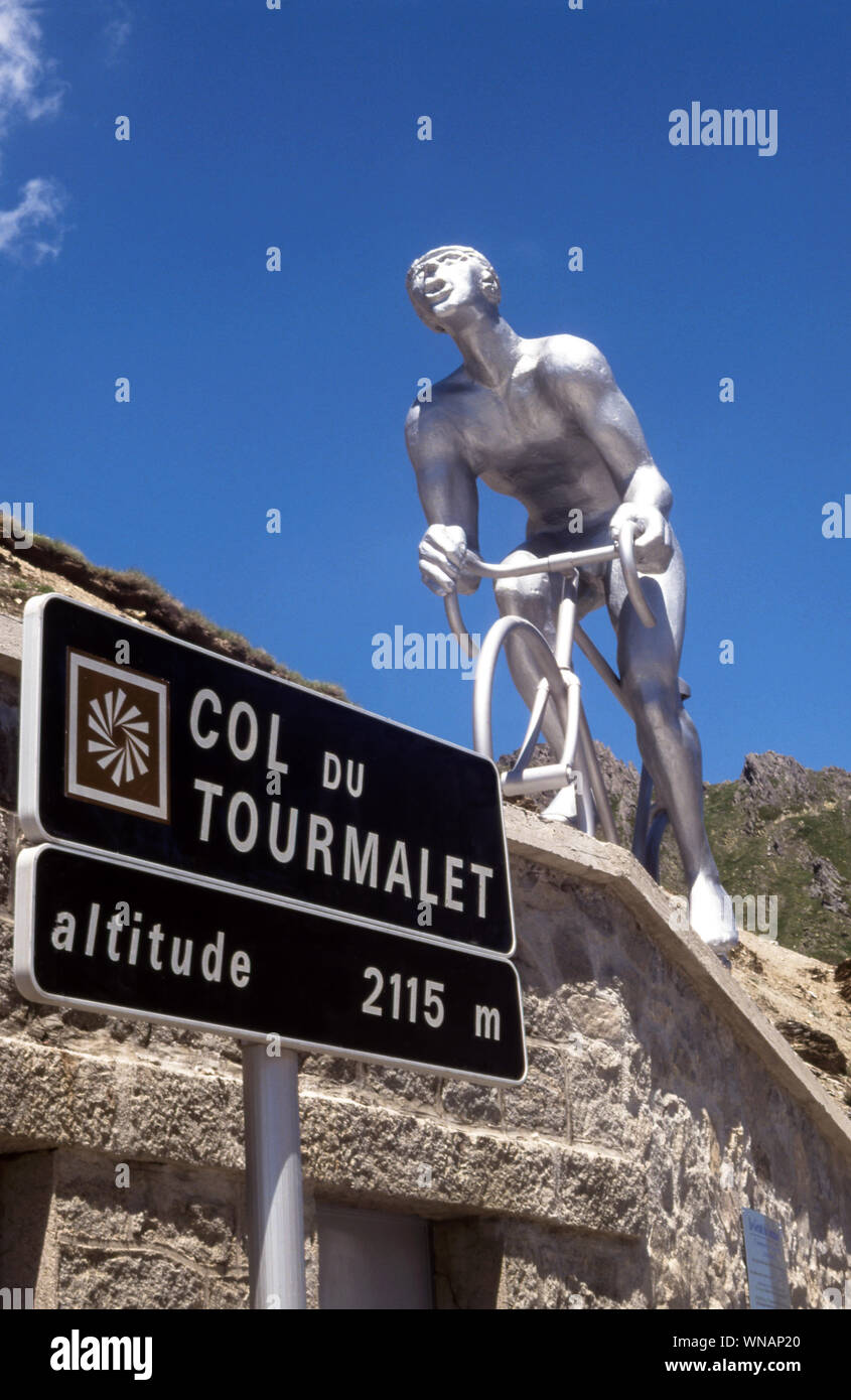 Statue to the Tour de France cycling race.On the summit of the Col du Tourmalet. French Pyrenees in Hautes-Pyrenees. Stock Photo