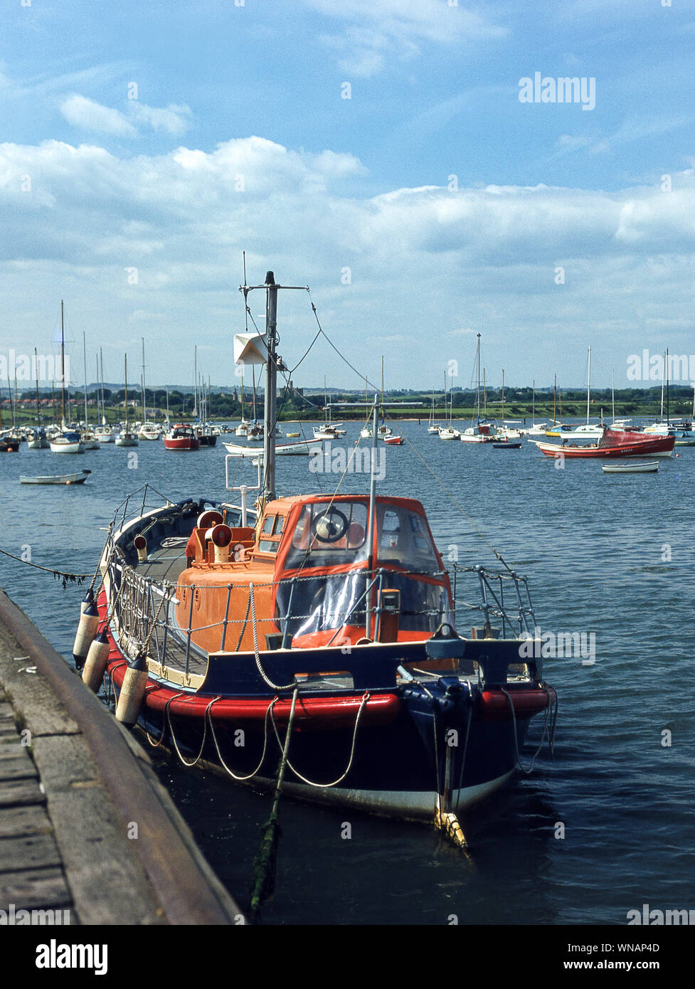 Amble. Northhumberland. The lifeboat tied up in Amble Marina which runs into the North Sea in Alnmouth Bay.North East England. Stock Photo