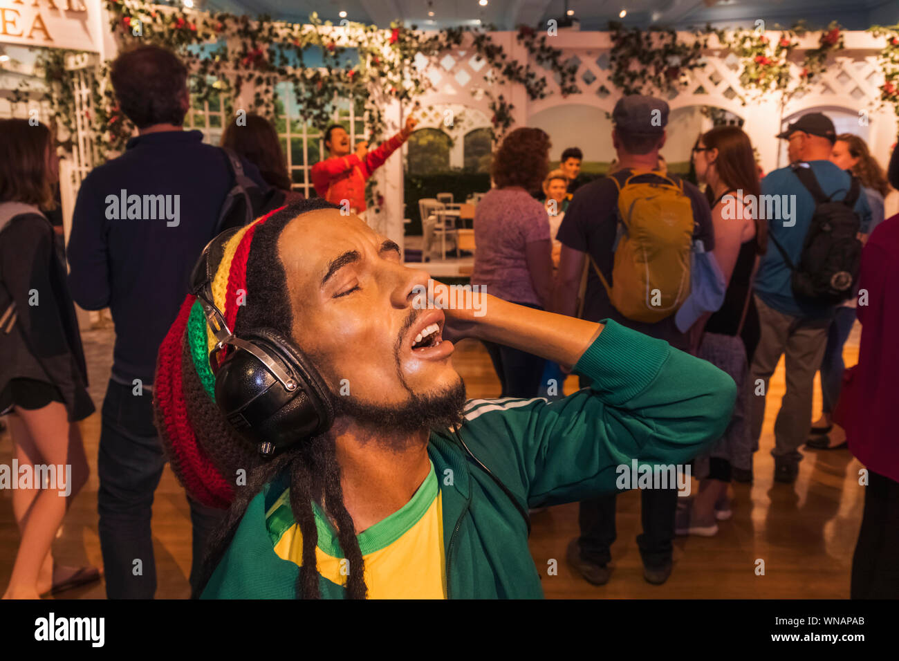 England, London, Marylebone, Interior View of Madam Tussauds, Waxwork Figure of Jamaican Reggae Singer Bob Marley Stock Photo