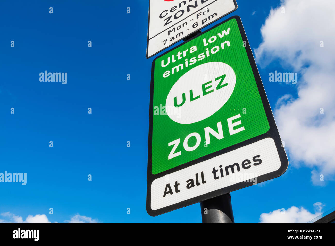 England, London, Transport for London Congestion Charging Zone and Ultra Low Emission Zone Signs Stock Photo