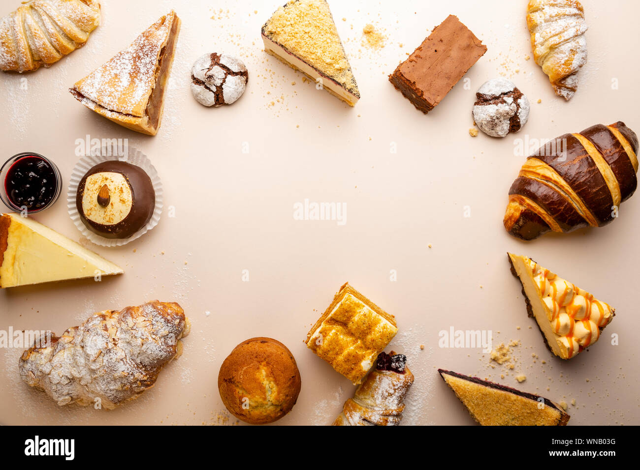 Pastry baking items, cake and cookies top view Stock Photo