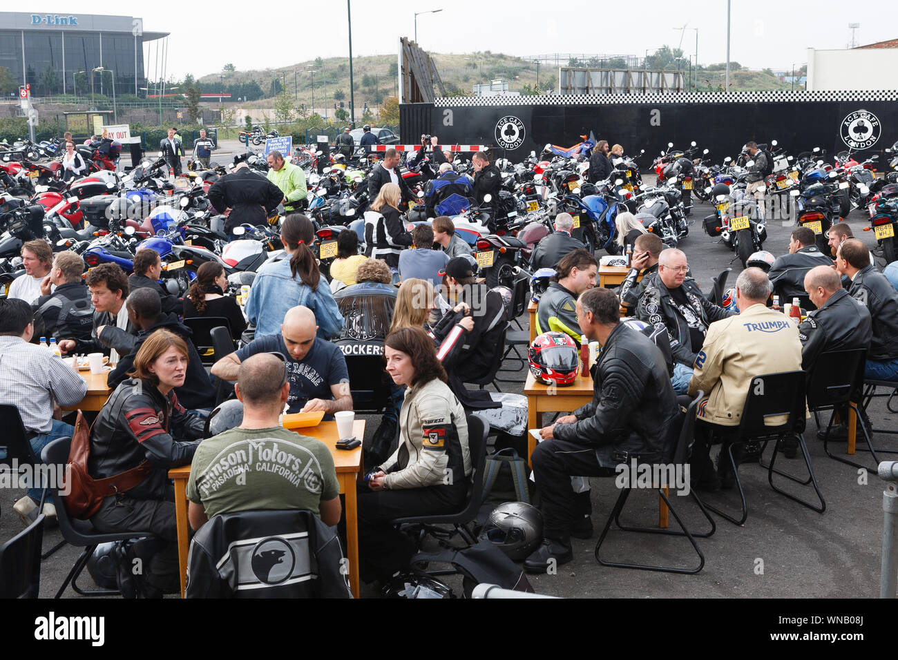 Ace Cafe Reunion, Brighton Burn Up, mass gathering of motorcyclists at Ace Cafe, Ace Corner, Stonebridge, North London before heading to Brighton. The Stock Photo