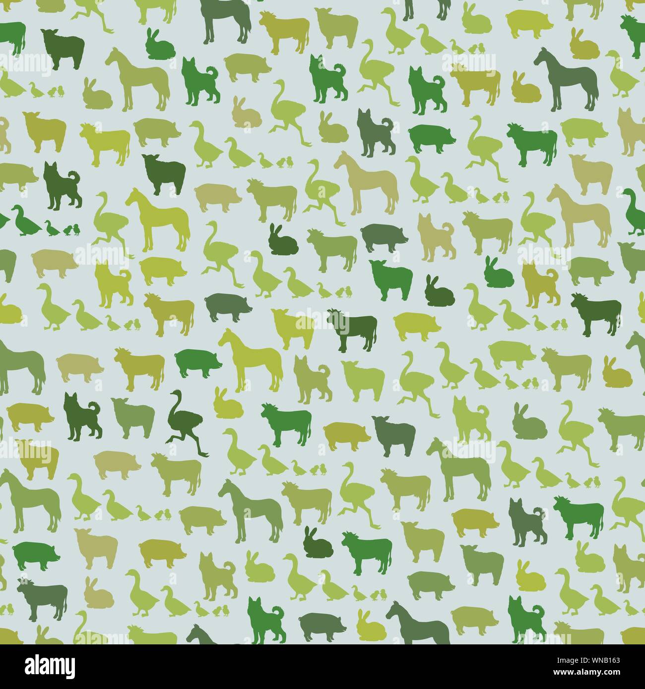 Farm animals silhouette seamless pattern. Zoo animals in cartoon style for food wrapping design. Cow, sheep, pig, horse,ostrich, guard dog, duck, rabbit, goose and pork Stock Vector