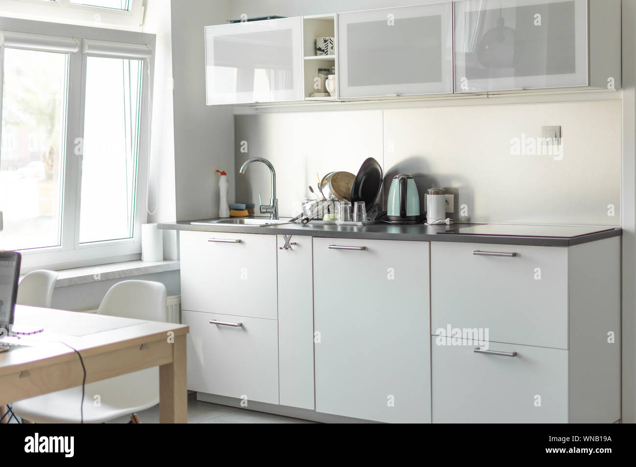 Kitchen Modern Interior White Kitchen Furniture Working At Home Freelance Concept Stock Photo Alamy