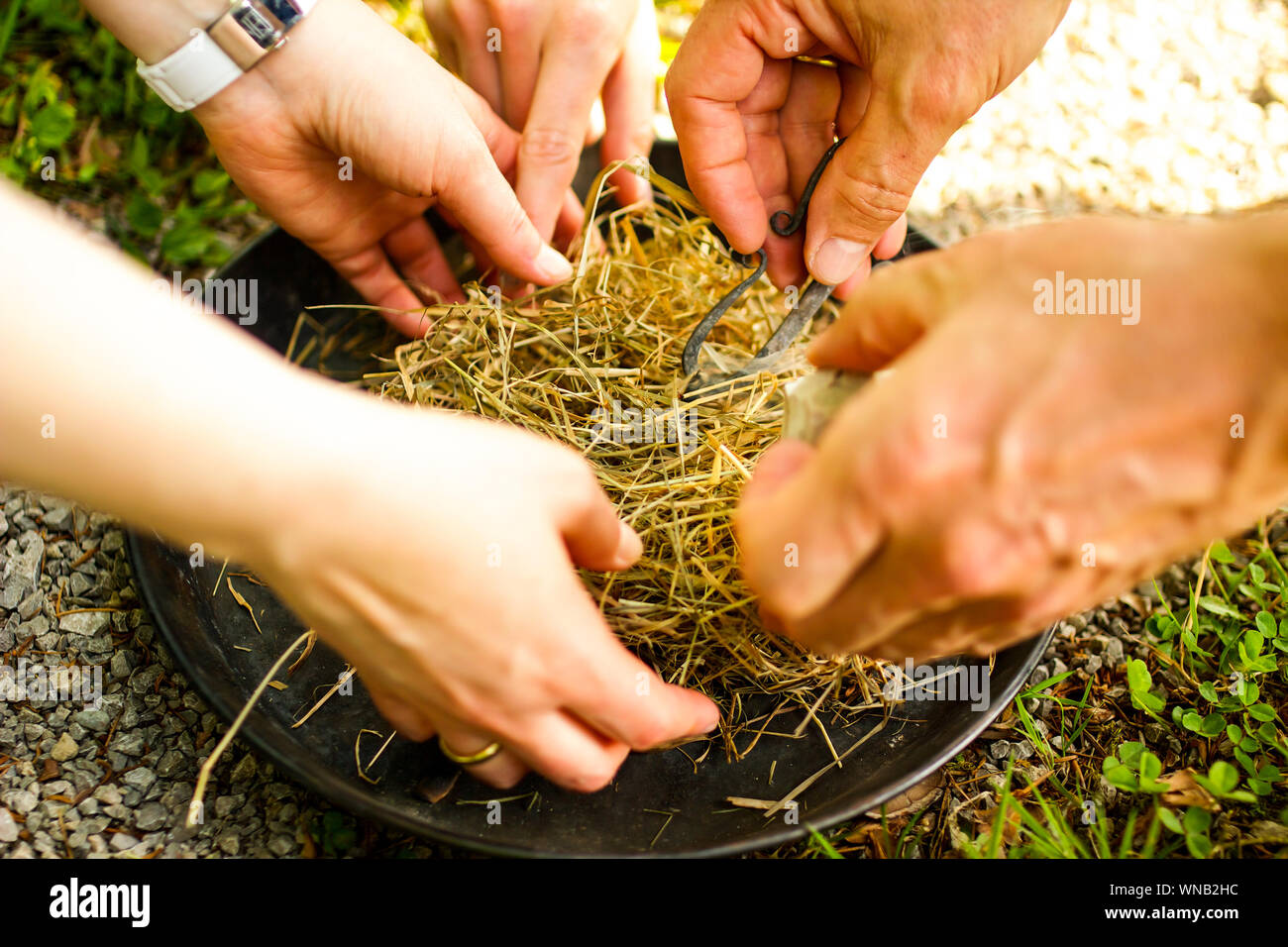 Close-up Of Hands Kindling A Fire With Natural Material Stock Photo