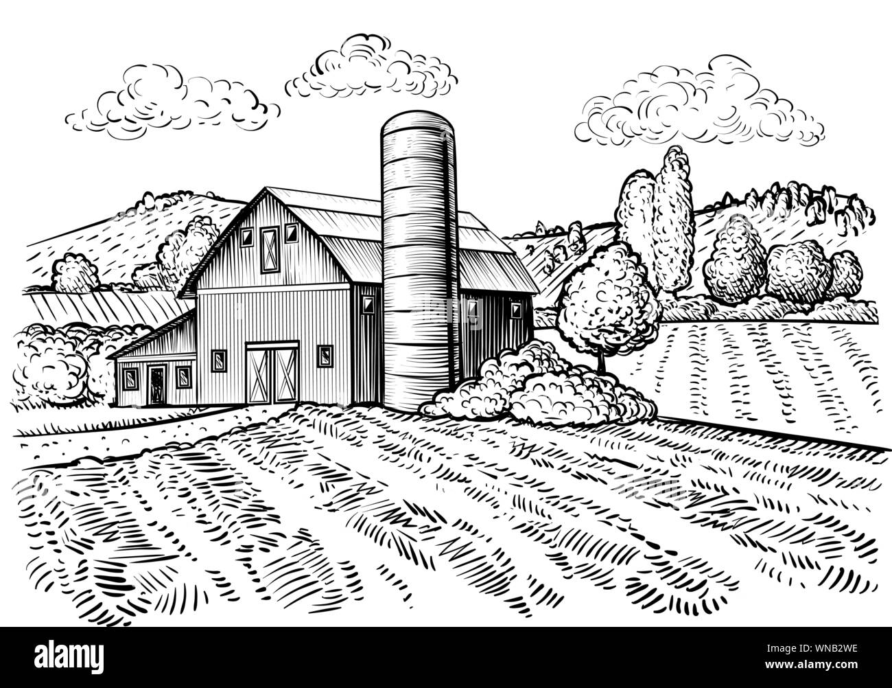 Rural landscape, farm barn and windmill sketch. Hand draw illustration of countryside natural scenic. Agricultural farmhouse and field. Vector monochrome outline image Stock Vector
