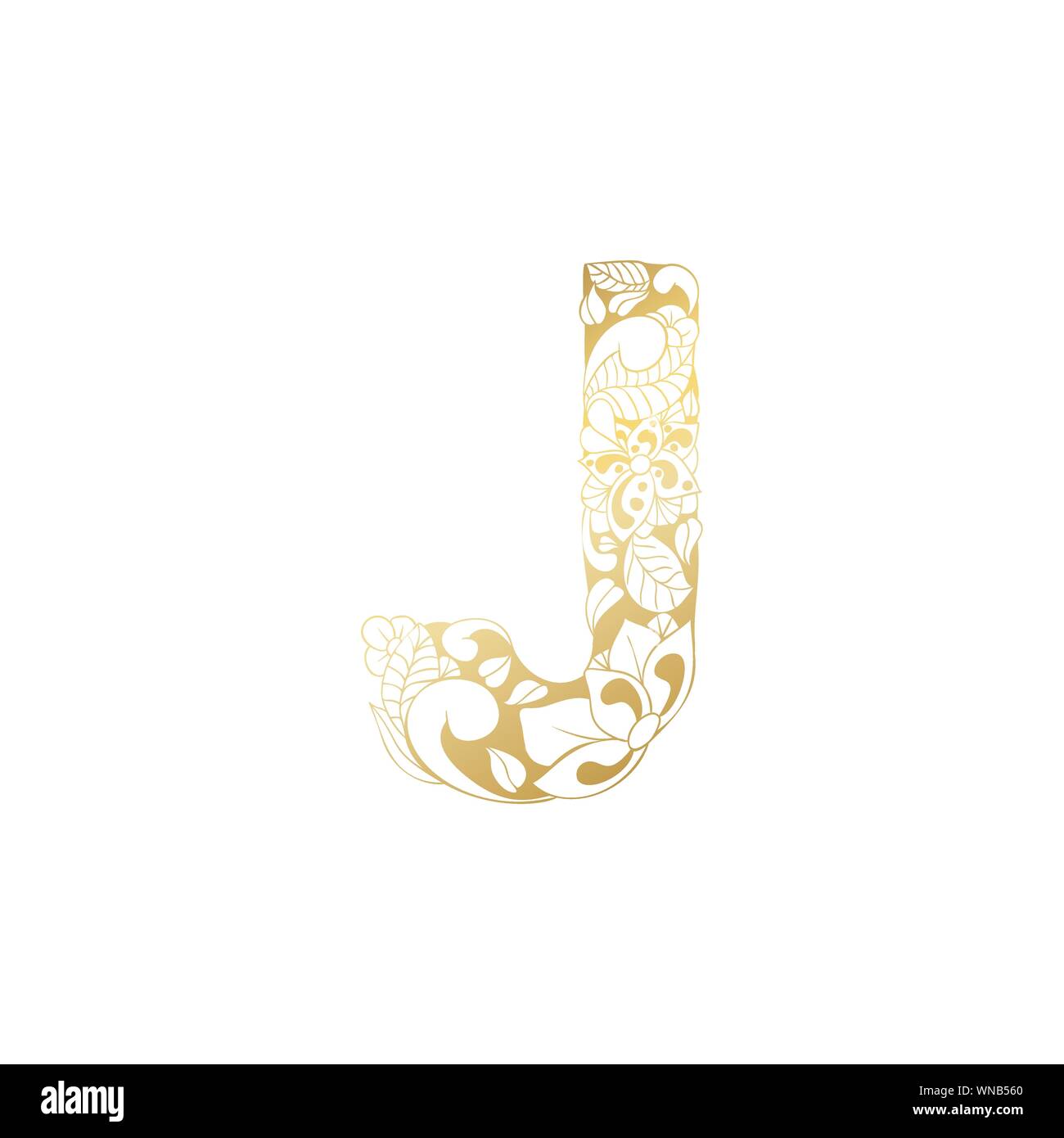 Golden Floral Ornamental Alphabet, Initial Letter J Font. Vector Typography Symbol for Gold Wedding and Monograms Isolated Ornament Design Stock Vector