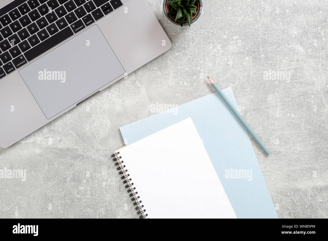 Flat lay, top view office table desk. Workspace with laptop computer, female diary, succulent plant on concrete stone background. Feminine workspace c Stock Photo