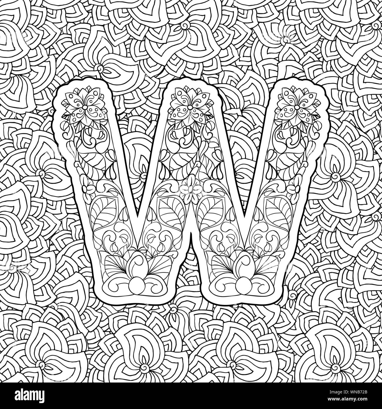 Coloring Book Floral Ornamental Alphabet Initial Letter W Font Vector Typography Symbol Antistress Page For Adults And Monograms Isolated Ornament Design On Patterned Background Stock Vector Image Art Alamy