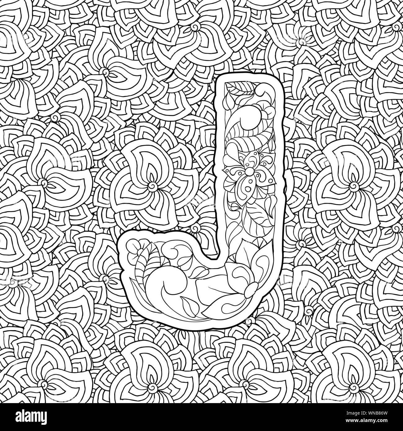 Coloring Book Floral Ornamental Alphabet, Initial Letter J ...